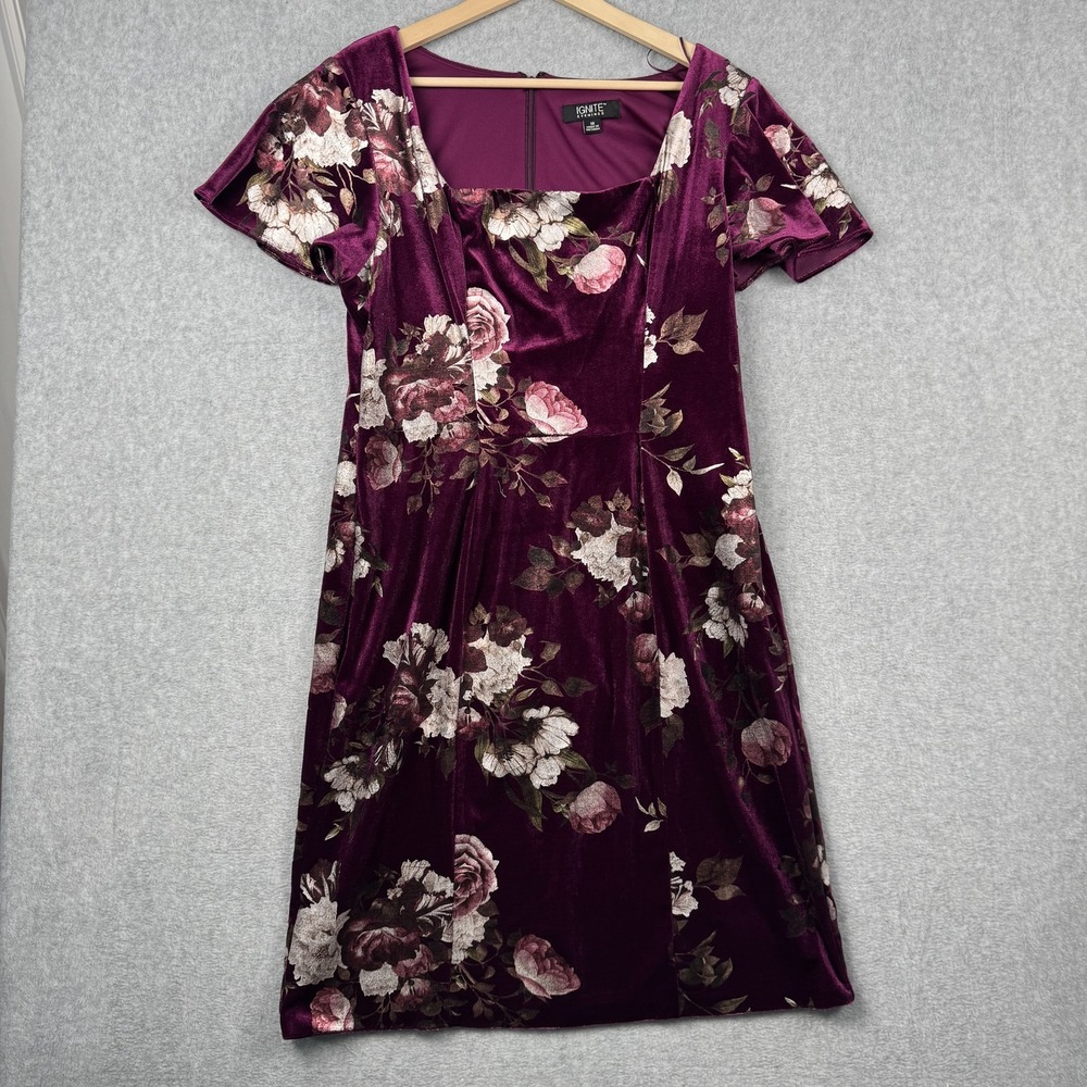 Ignite Evenings Dress Womens 16 Purple Floral Velvet Sheath Square Neck NEW $119